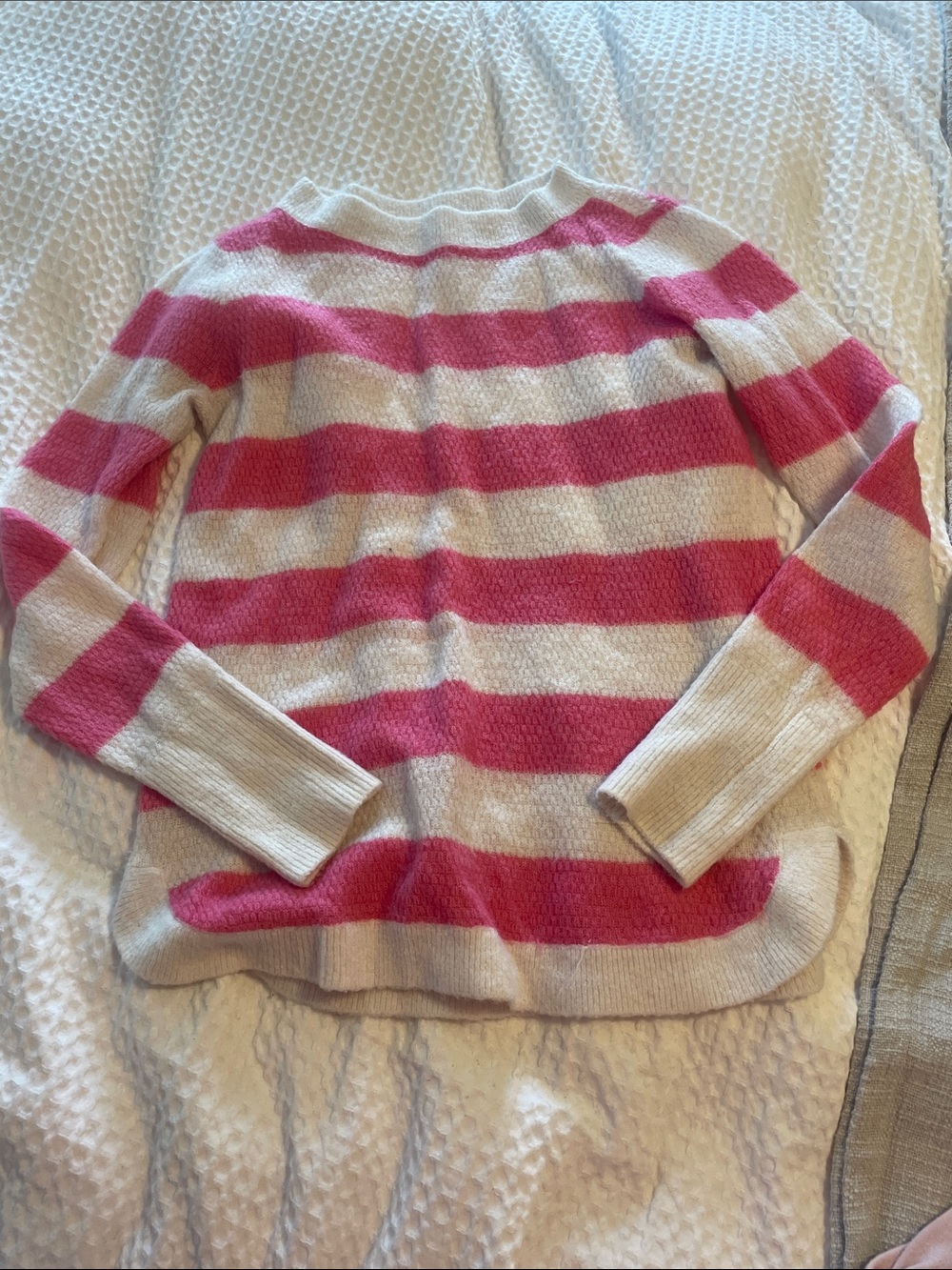 LOFT Pink and Cream Striped Crewneck Sweater